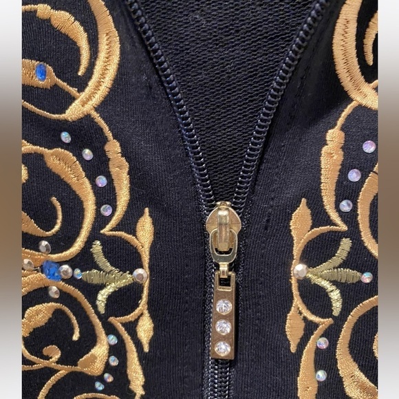 QVC Quaker Factory Black Gold Embellished Zip Up Jacket front pockets Medium
C - Picture 6 of 9